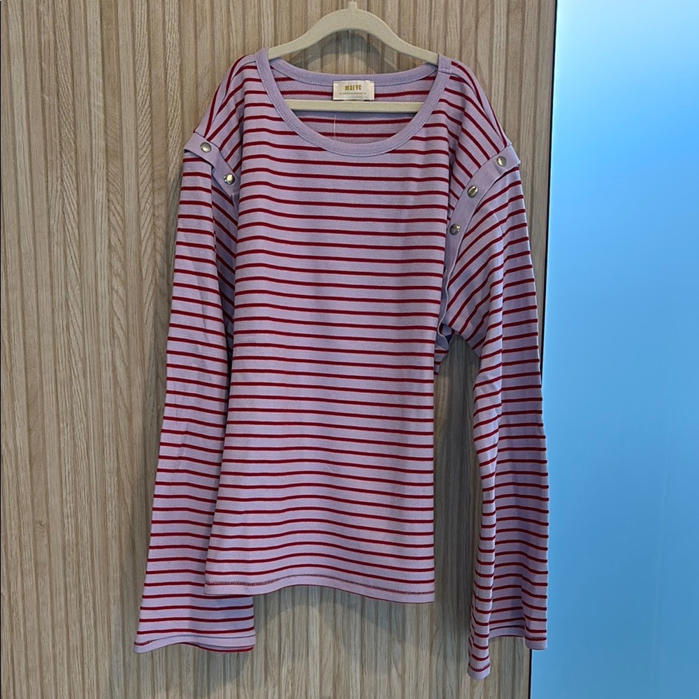 Anthropology Red and Lavender Striped Button-Shoulder Top